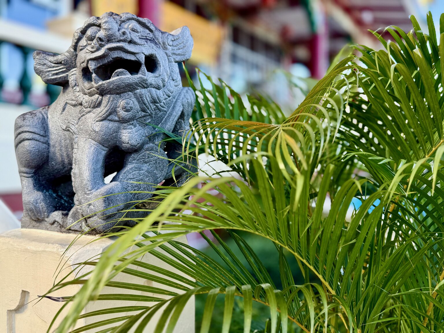 A stone guardian lion statue perched on a wall at the Cebu Taoist Temple, with tropical palm fronds and the colourful temple buildings visible behind it.