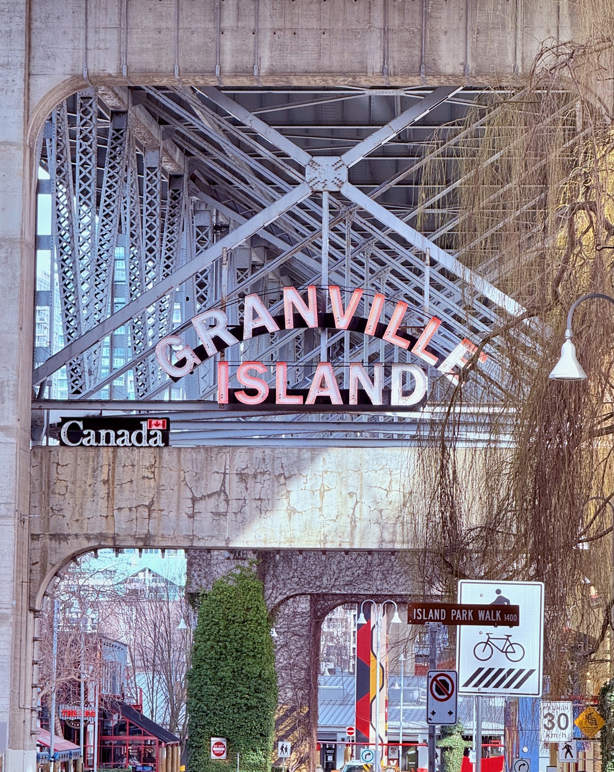 The Granville Island sign, bold and recognizable.